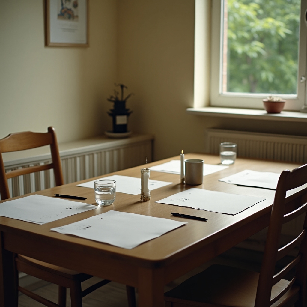 Einfach eingerichteter Seminarraum in einer Pension, Tisch mit Papier und Stiften