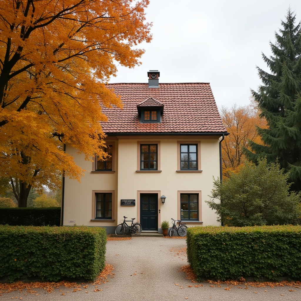 Pension im Hamburger Umland, herbstliche Bäume und ruhige Atmosphäre